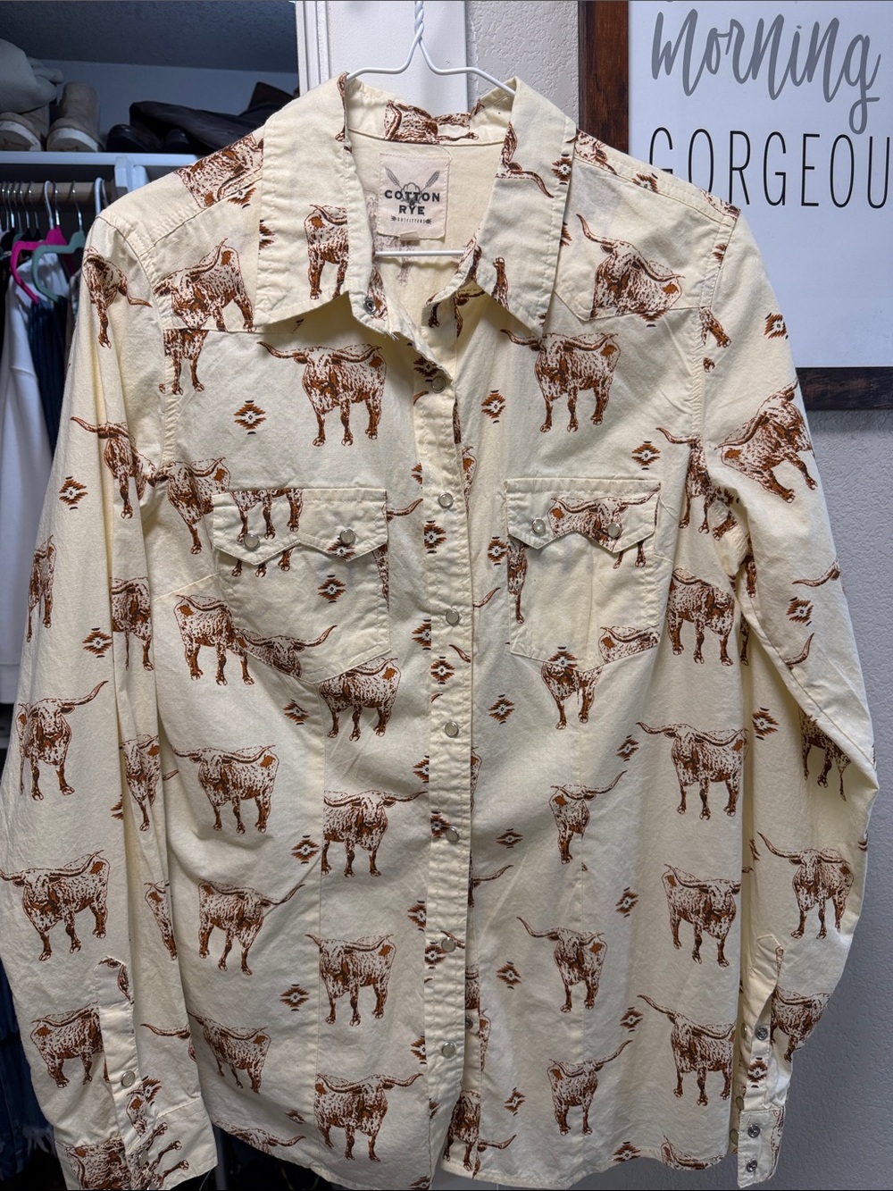 Cotton Rye Southwestern Longhorn Button-Up Shirt - Cream & Brown